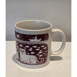 Vintage Taylor & Ng 1978 Cat Fish Mug Red White Stoneware Coffee Cup Japan